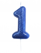 Bougie sur pique chiffre 1 bleu pailleté 7 cm pour anniversaire