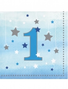 16 petites serviettes premier anniversaire garçon 25 x 25 cm bleu étoiles