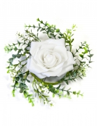 Centre de table rose et feuillage blanc 18 cm fleur artificielle