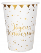 10 gobelets en carton joyeux anniversaire métallisé blanc et doré 7,8 x 9,7 cm étoiles