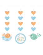3 suspensions en papier hello baby bleu 91 cm pour baby shower