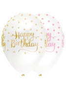 6 ballons en latex happy birthday à pois rose et doré 30 cm de diamètre