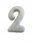 Bougie sur pique chiffre 2 argent pailleté 7 cm pour gâteau