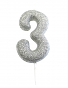 Bougie sur pique chiffre 3 argent pailleté 7 cm pour anniversaire