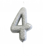 Bougie sur pique chiffre 4 argent pailleté 7 cm pour gâteau