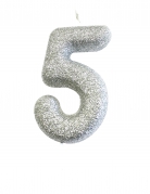 Bougie sur pique chiffre 5 argent pailleté 7 cm pour gâteau