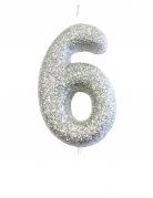 Bougie sur pique chiffre 6 argent pailleté 7 cm pour gâteau d'anniversaire