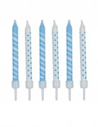 12 bougies d'anniversaire rayées et à pois blanc et bleu ciel 7,5 cm avec supports