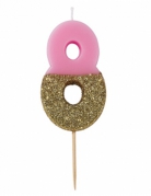 Bougie sur pique chiffre 8 rose et dorée pailletée 13,8 cm pour gâteau d'anniversaire
