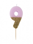 Bougie sur pique chiffre 9 rose et dorée pailletée 13,8 cm pour gâteau d'anniversaire