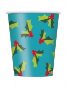 8 gobelets en carton houx de Noël bleu 266 ml pour réveillon