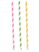 12 pailles en papier rayées roses, vertes et jaunes pour fête