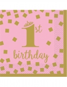 16 Petites serviettes en papier 1st birthday rose et or 25 x 25 cm pour premier anniversaire