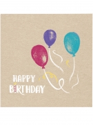 20 serviettes en papier happy birthday kraft et bleues 33 x 33 cm aux ballons colorés
