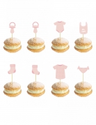 8 Pics en bois bébé rose 10 cm pour baby shower