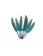6 plumes bleu paon et paillettes or 12-14 cm pour décoration ethnique