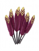 6 plumes ethniques marsala et paillettes or 14 cm pour décoration