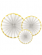 3 rosaces en papier blanches et dorées 40, 32 et 23 cm pour décoration