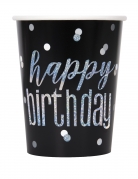 8 gobelets en carton happy birthday noirs et gris 270 ml confettis brillants