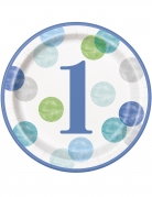 8 assiettes en carton 1er anniversaire bleues et blanches 23 cm à pois