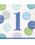 16 serviettes en papier 1er anniversaire bleues et blanches à pois 33 x 33 cm