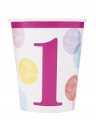 8 gobelets en carton 1er anniversaire roses et blancs 270 ml à pois pastel