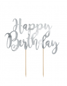 Cake topper en carton happy birthday argenté métallisé 22,5 cm pour gâteau