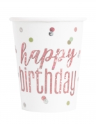 8 gobelets en carton happy birthday blancs et roses pailletés 266 ml à pois
