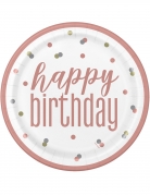 8 assiettes en carton happy birthday blanches et roses à pois 23 cm