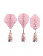 3 décorations à suspendre alvéolées en papier rose gold 30 cm avec pompons