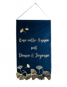 Suspension bonne année ginkgo lin marine et or chic 51,5 x 88 cm