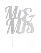 Cake topper en plastique mr et mrs argenté pailleté 18 x 23 cm pour mariage