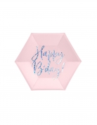 6 assiettes en carton roses happy b'day iridescent 20 cm hexagonales