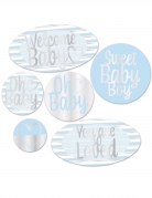 6 décorations en carton welcome baby bleues argentées baby shower