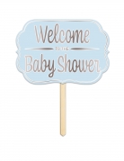 Panneau en carton welcome to the baby shower bleu avec tige en bois