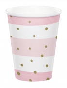 8 gobelets en carton roses et blancs pois dorés 256 ml pour baby shower
