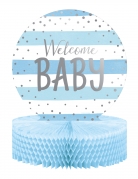Centre de table en papier alvéolé bleu et blanc welcome baby 23 x 30,5 cm