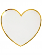10 assiettes carton cœur blanc et or 22,5 x 20 cm pour baptême et fête