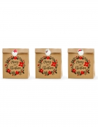 3 sacs cadeaux en kraft avec stickers merry little christmas 27 x 25 x 11 cm pour Noël