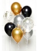 Bouquet de 8 ballons noir, or et argent 27 cm avec confettis