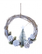 Couronne à suspendre sapin et pommes de pin givrées 28 cm naturelle et polaire