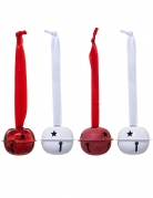 4 suspensions grelots blancs et rouges avec ruban 4 cm pour sapin