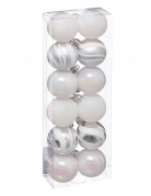 12 mini boules de noël blanches et argentées 4 cm pailletées