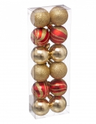 12 mini boules de Noël rouges et dorées 4 cm brillantes et pailletées