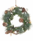 Couronne de sapin naturelle pommes de pin, boules blanches et étoiles 32 cm
