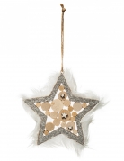 Suspension étoile en bois et argent fourrure 12 cm pour sapin