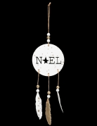 Suspension en bois Noël boho et plumes 28 cm blanc et doré