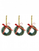 3 suspensions couronnes de sapin 5 cm avec noeud rouge