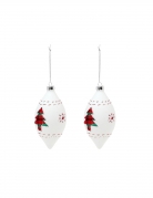 2 boules en verre goutte blanches avec sapins 13 cm décor traditionnel