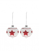 2 boules en verre blanches avec étoiles rouges 8 cm